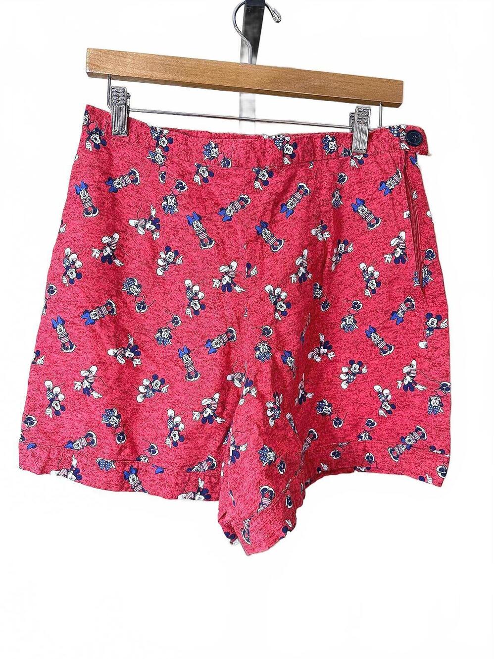 Vintage Handmade Red Women's Casual Shorts with Mickey Mouse Print